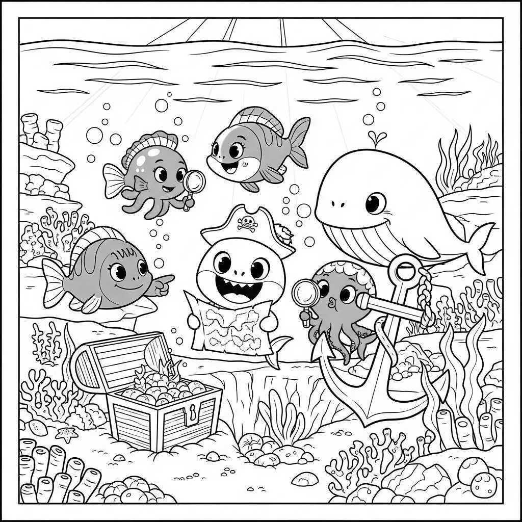 Dibujo para colorear de tiburón bebé con amigos del mar
