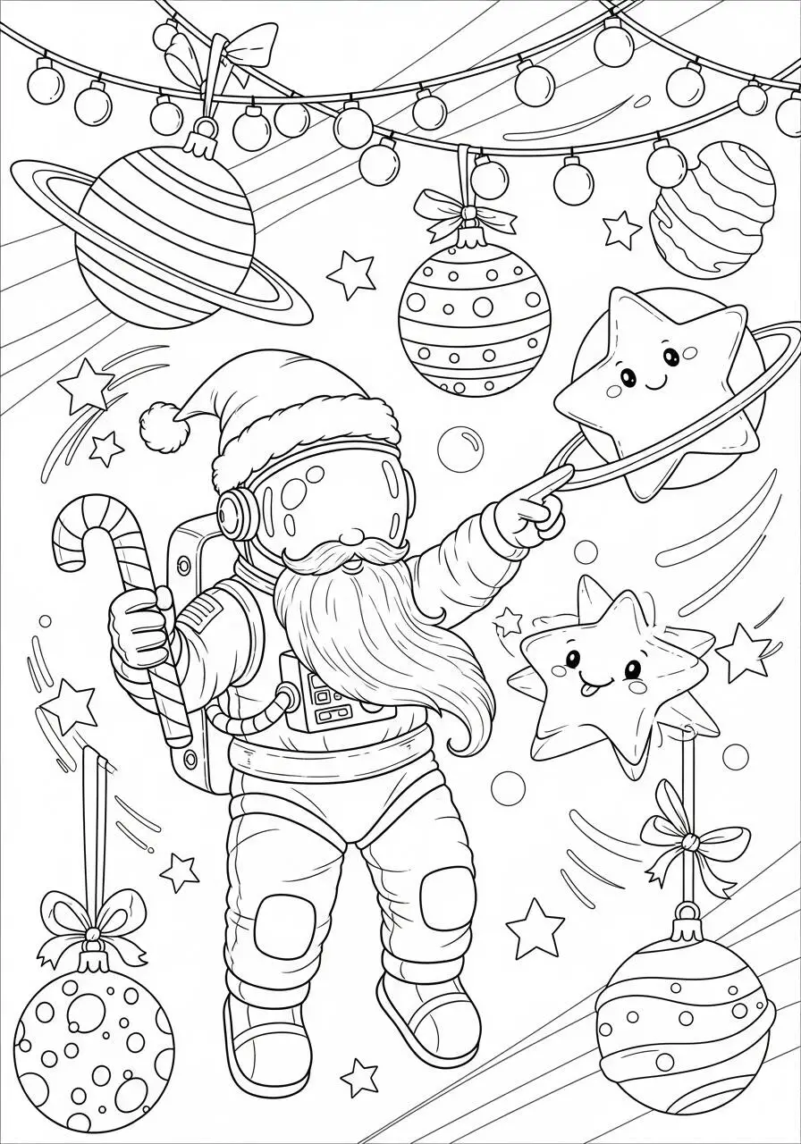 Desenho de Astronauta Natalino com Estrelas e Planetas para Colorir