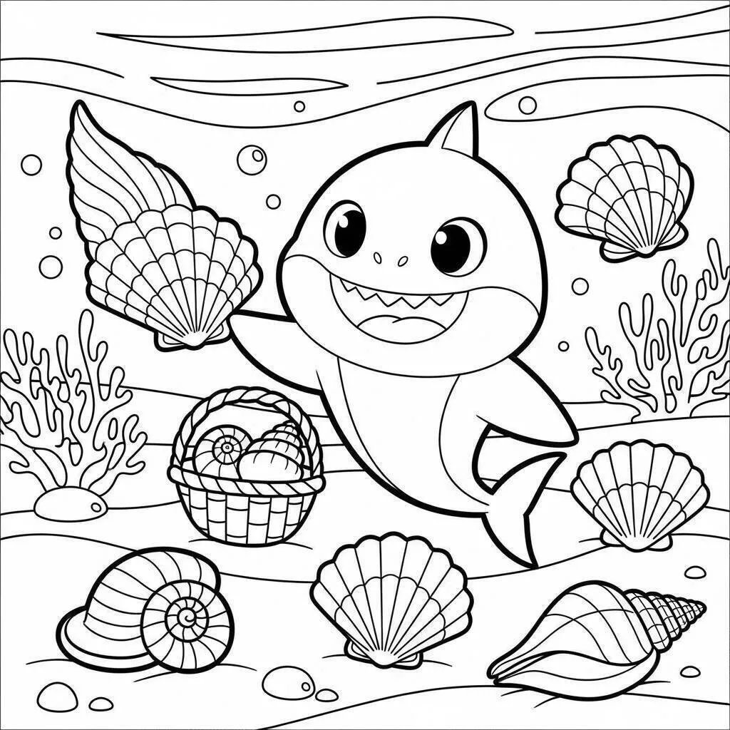 Dibujo para colorear de tiburón bebé jugando con conchas
