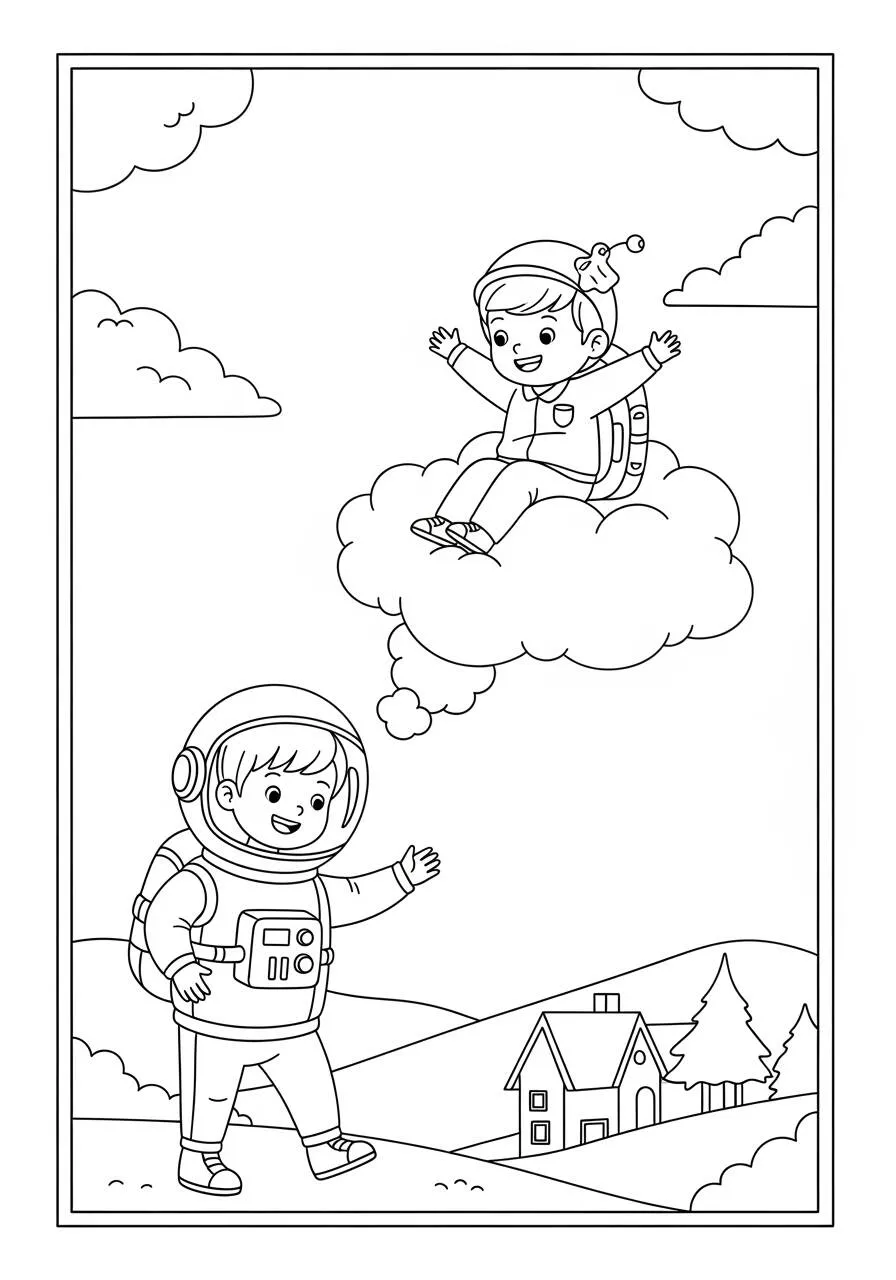 Desenho de Astronauta Brincando nas Nuvens para Colorir