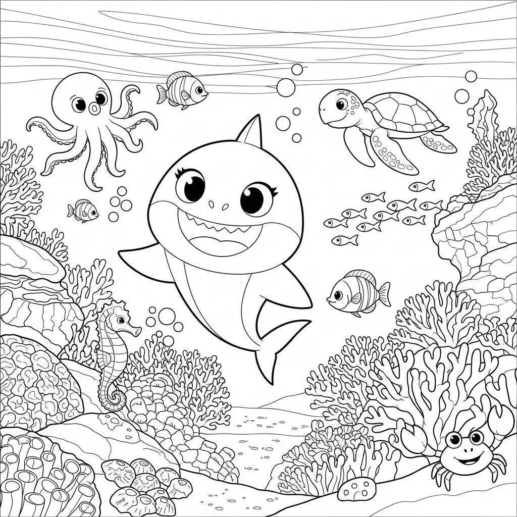 Dibujo para colorear de tiburón bebé explorando el fondo del mar