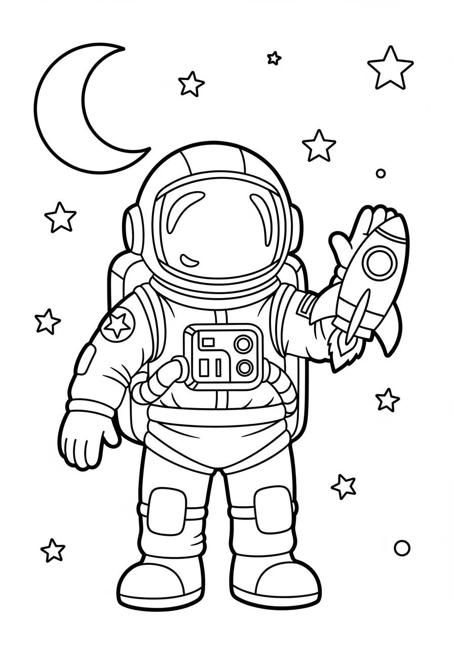 Desenho de Astronauta Acenando com Foguete para Colorir