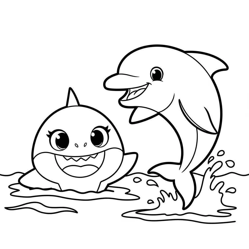 Dibujo para colorear de tiburón bebé jugando con delfines