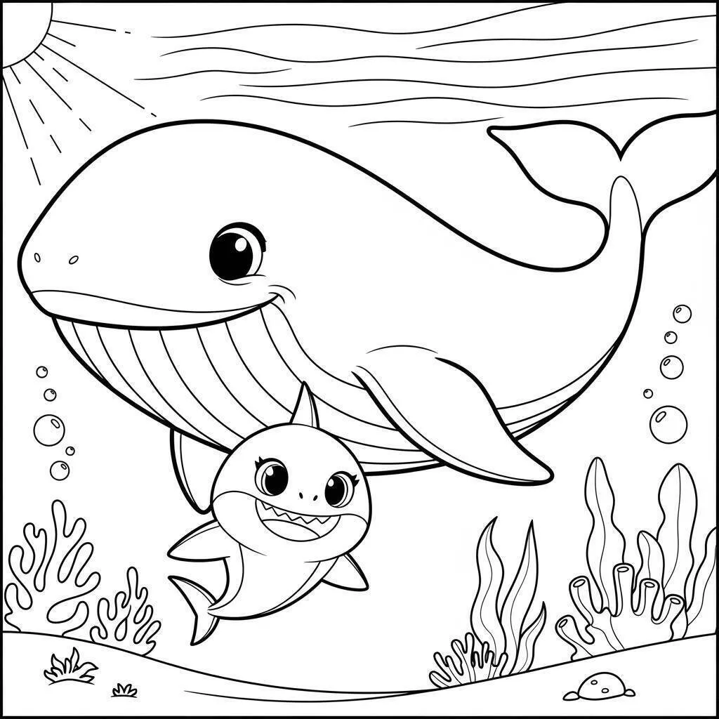 Dibujo para colorear de tiburón bebé y ballena amigable