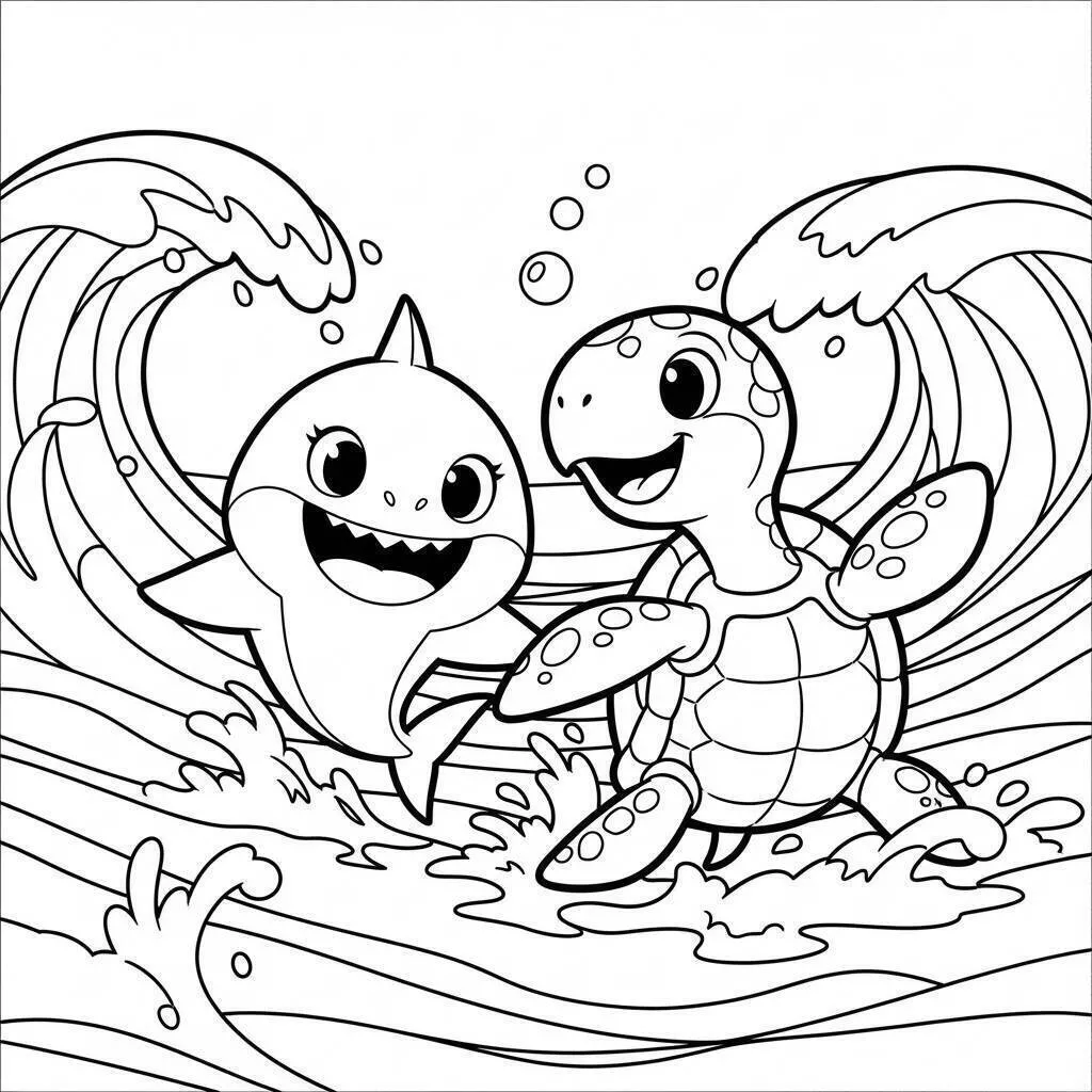 Dibujo para colorear de tiburón bebé jugando con la tortuga