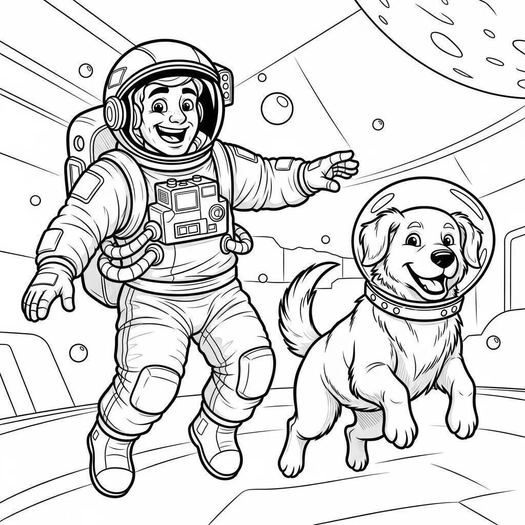 Desenho de Astronauta Brincando com Cachorro no Espaço para Colorir