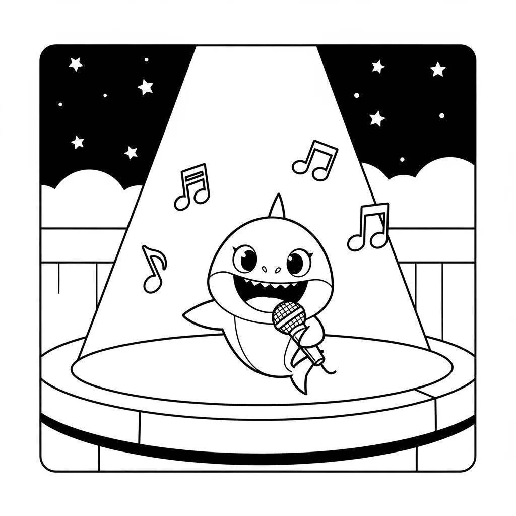 Dibujo para colorear de tiburón bebé cantando en el escenario