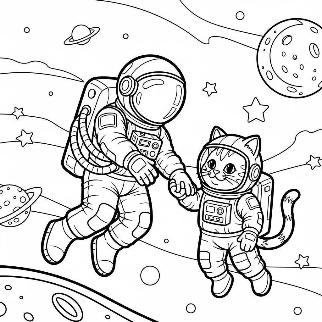 Desenho de Astronauta e Gato Espacial para Colorir