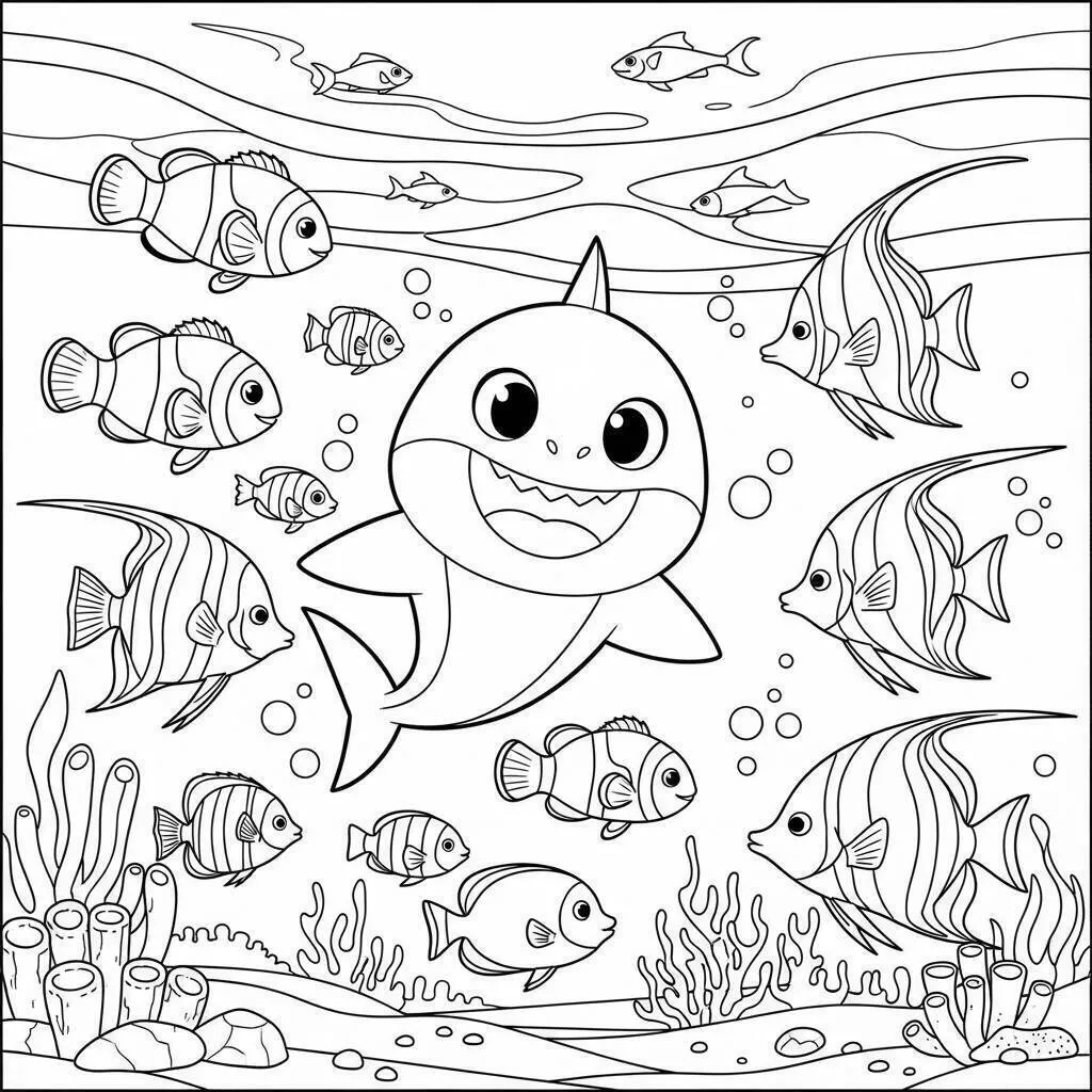 Dibujo para colorear de tiburón bebé nadando con peces de colores