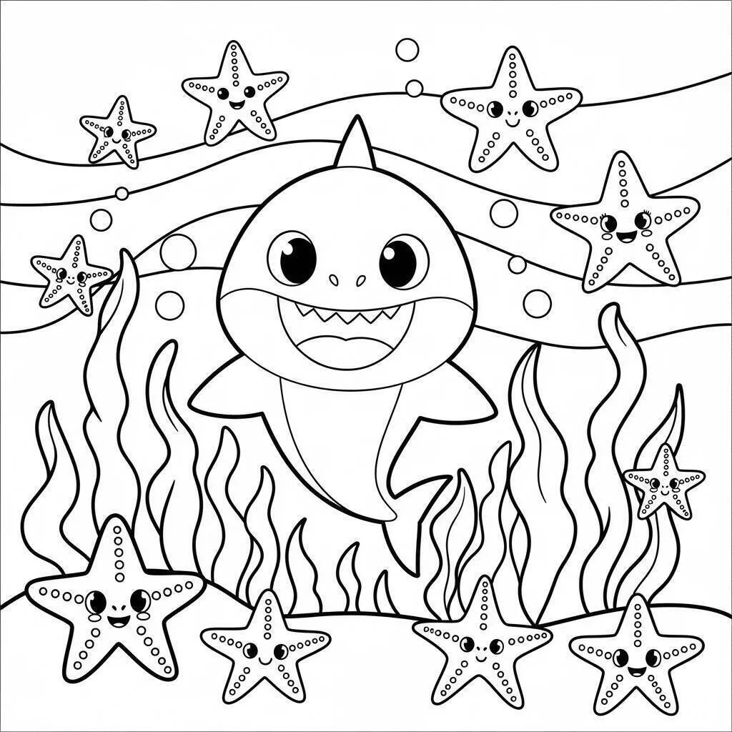 Dibujo para colorear de tiburón bebé jugando con estrella de mar