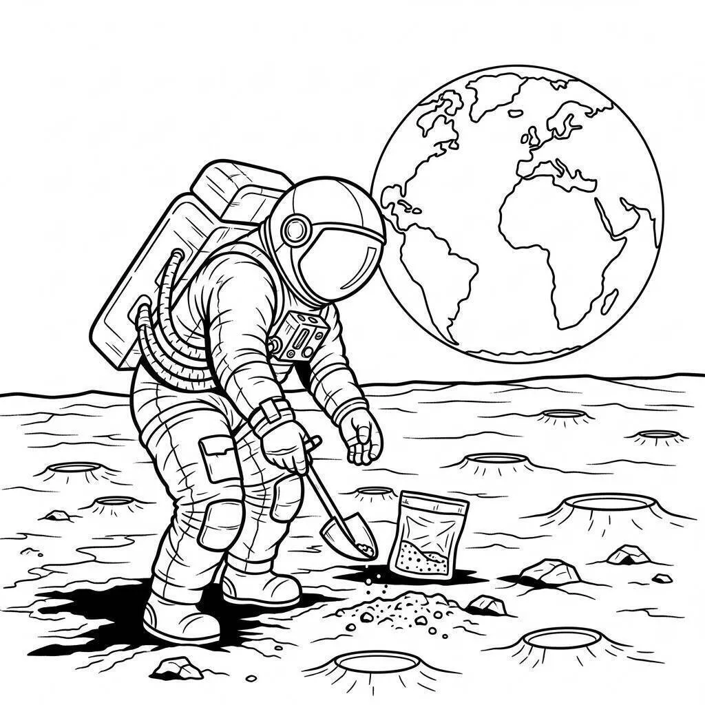 Desenho de Astronauta Coletando Amostras na Lua para Colorir