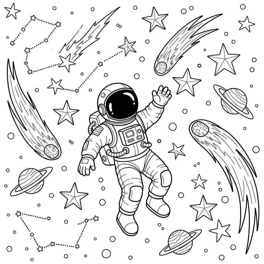 Desenho de Astronauta Flutuando entre Estrelas e Cometas para Colorir