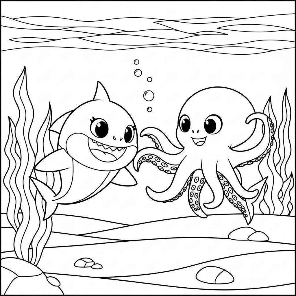 Dibujo para colorear de tiburón bebé jugando con pulpo