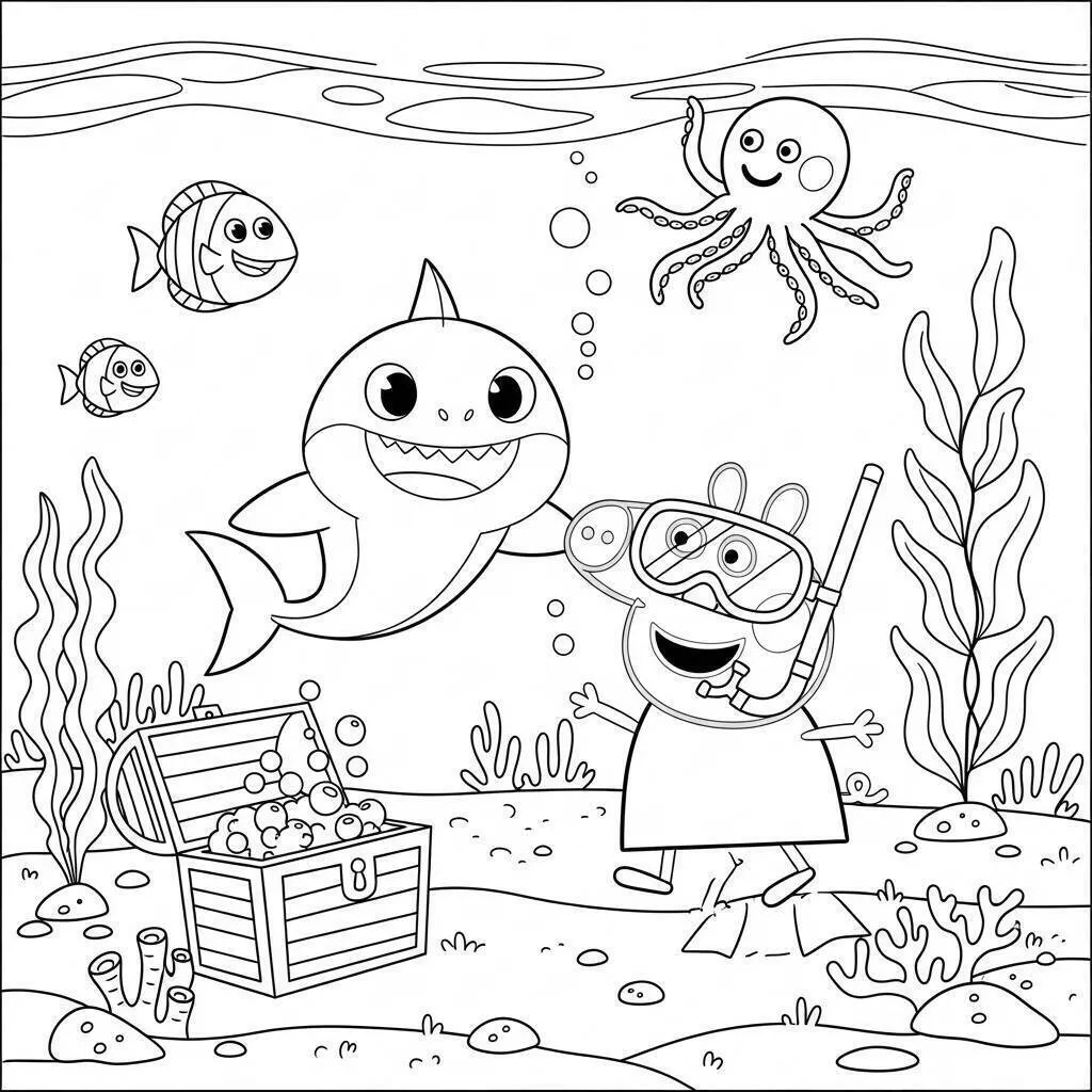 Dibujo para colorear de tiburón bebé con amigo submarino
