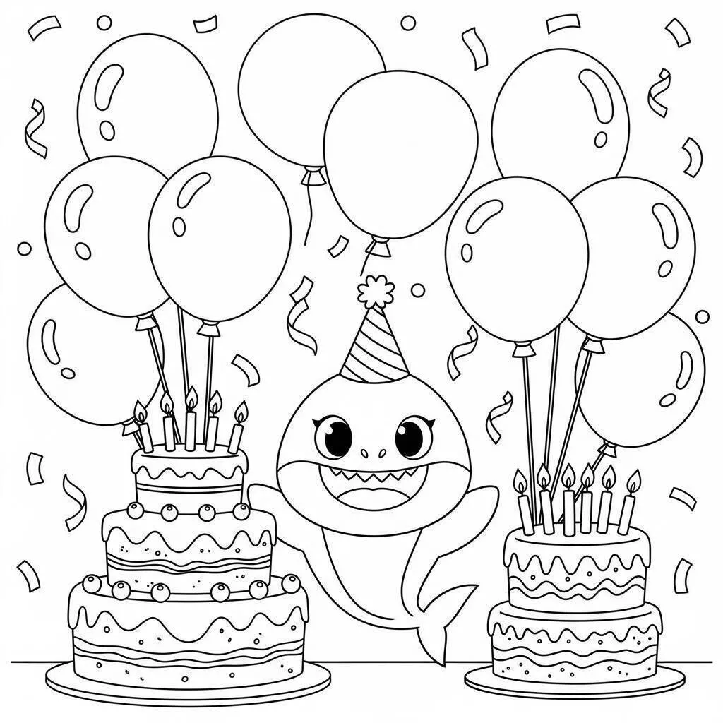 Dibujo de Tiburón Bebé celebrando su cumpleaños con pastel y globos para colorear
