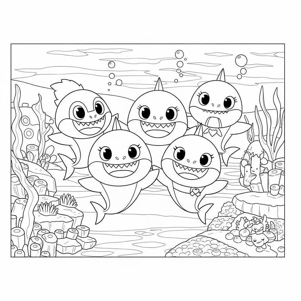 Dibujo para colorear de tiburón bebé con la familia de tiburones en una aventura submarina