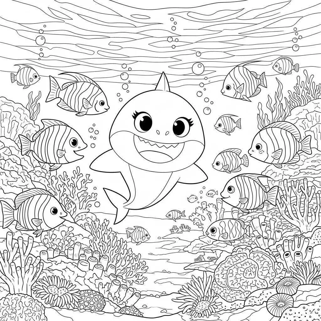 Dibujo para colorear de tiburón bebé con peces de colores