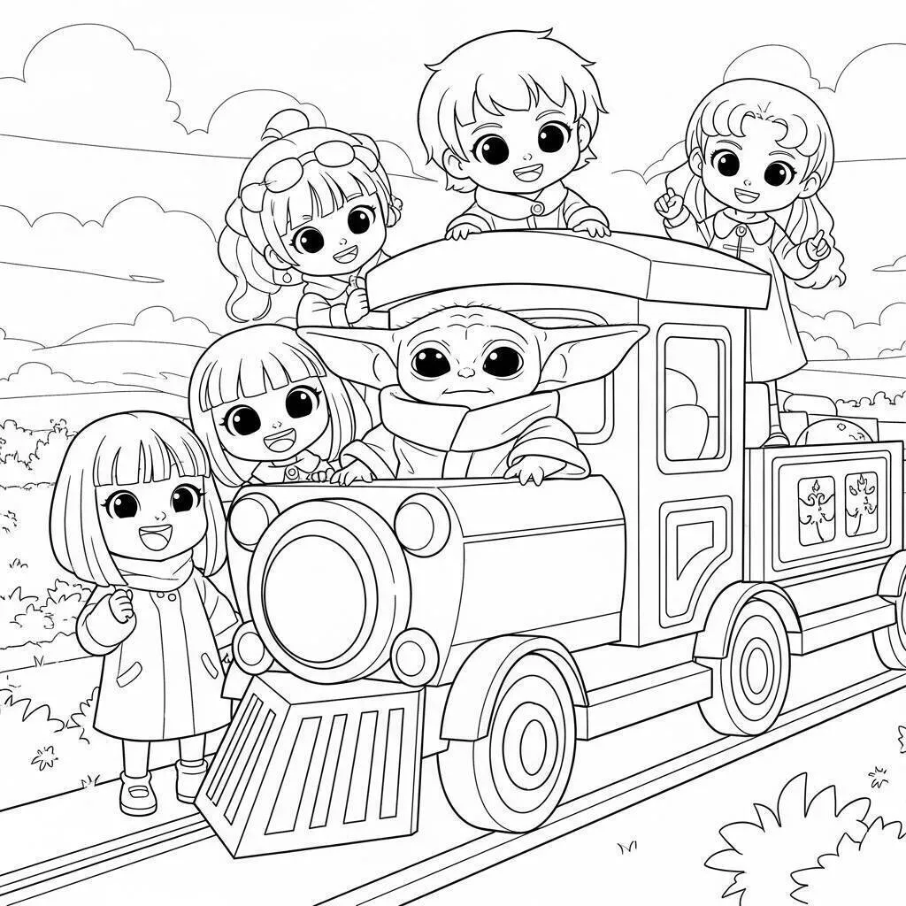 Dibujo para colorear de tiburón bebé con amigos en la aventura del tren