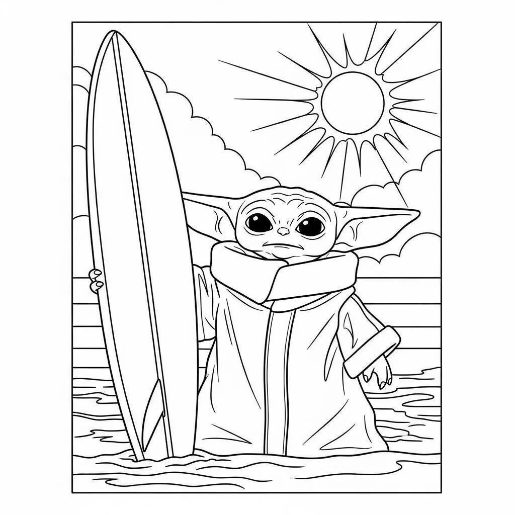 Desenho de Baby Shark Surfando com Prancha para Colorir