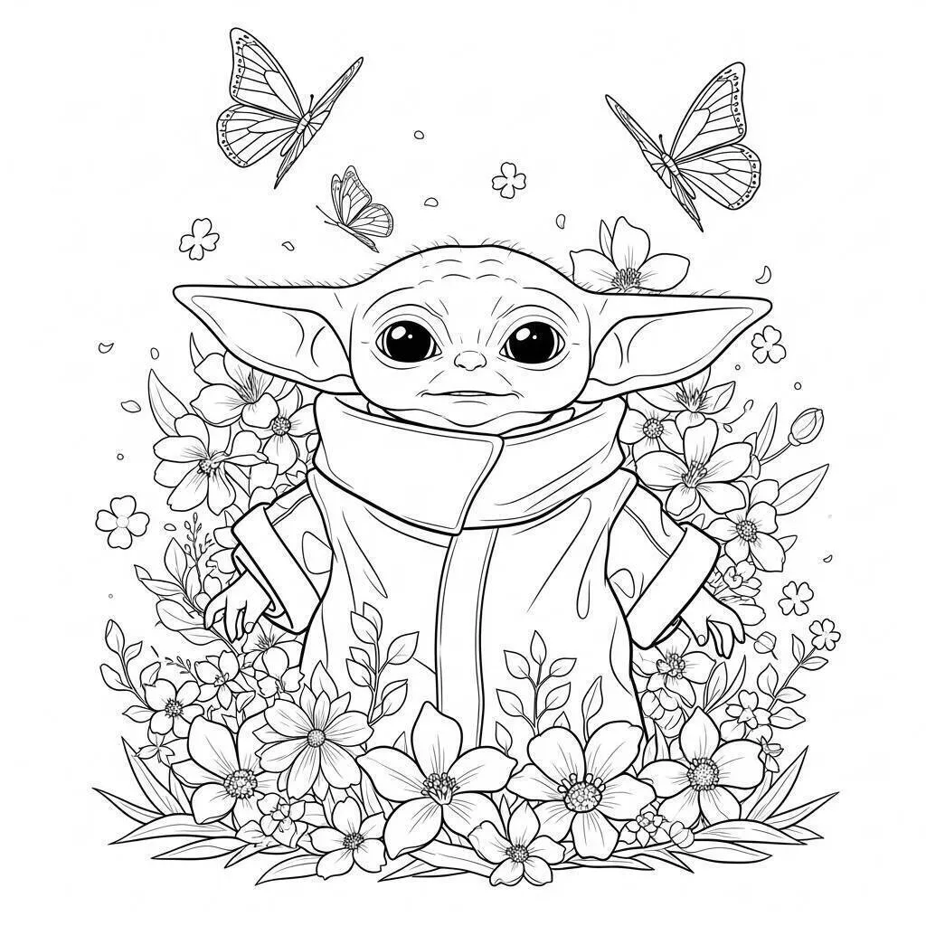 Desenho de Baby Shark com Borboletas e Flores para Colorir