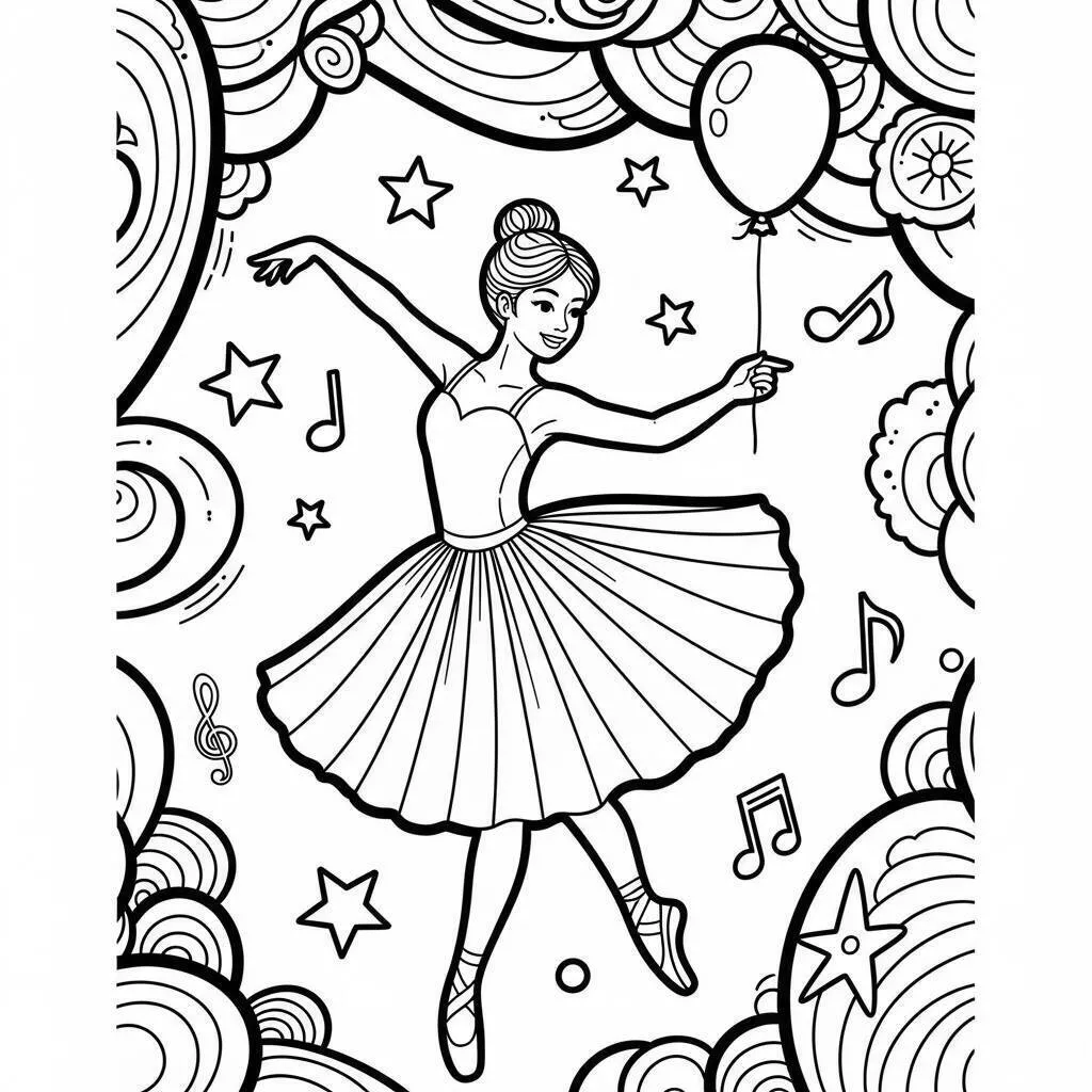 Dibujo de Bailarina con Globo terráqueo y Notas Musicales para colorear