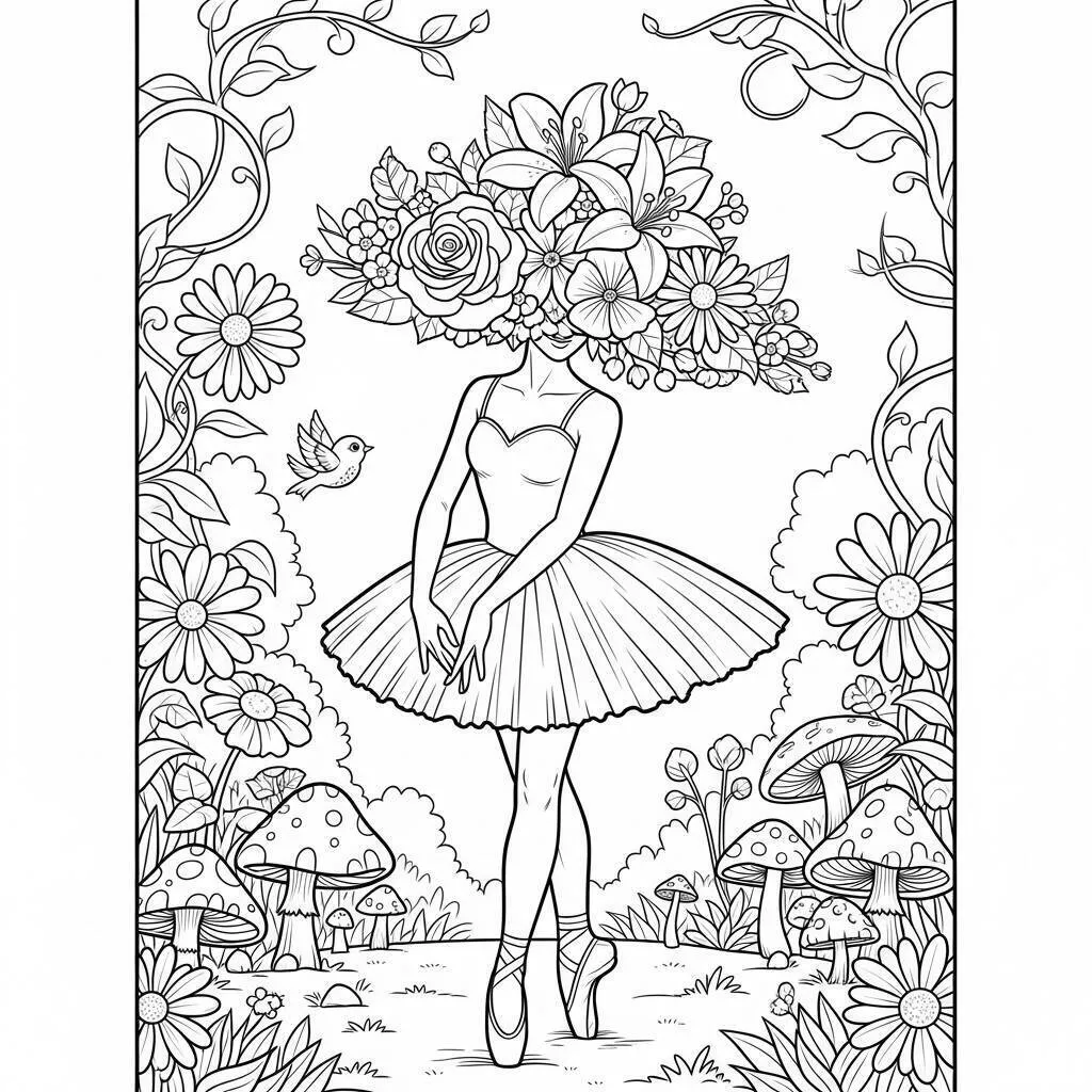 Dibujo de bailarina con cabeza de flor para colorear