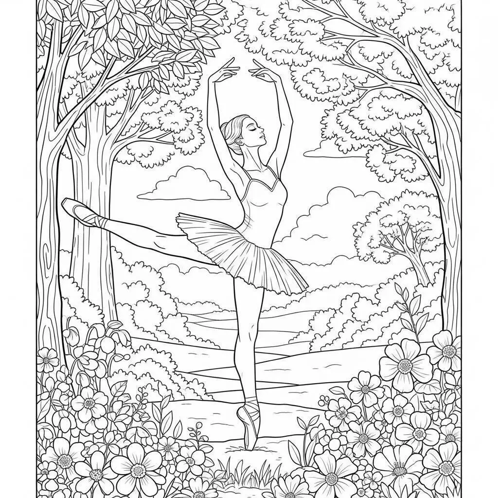 Dibujo de bailarina bailando en la naturaleza para colorear