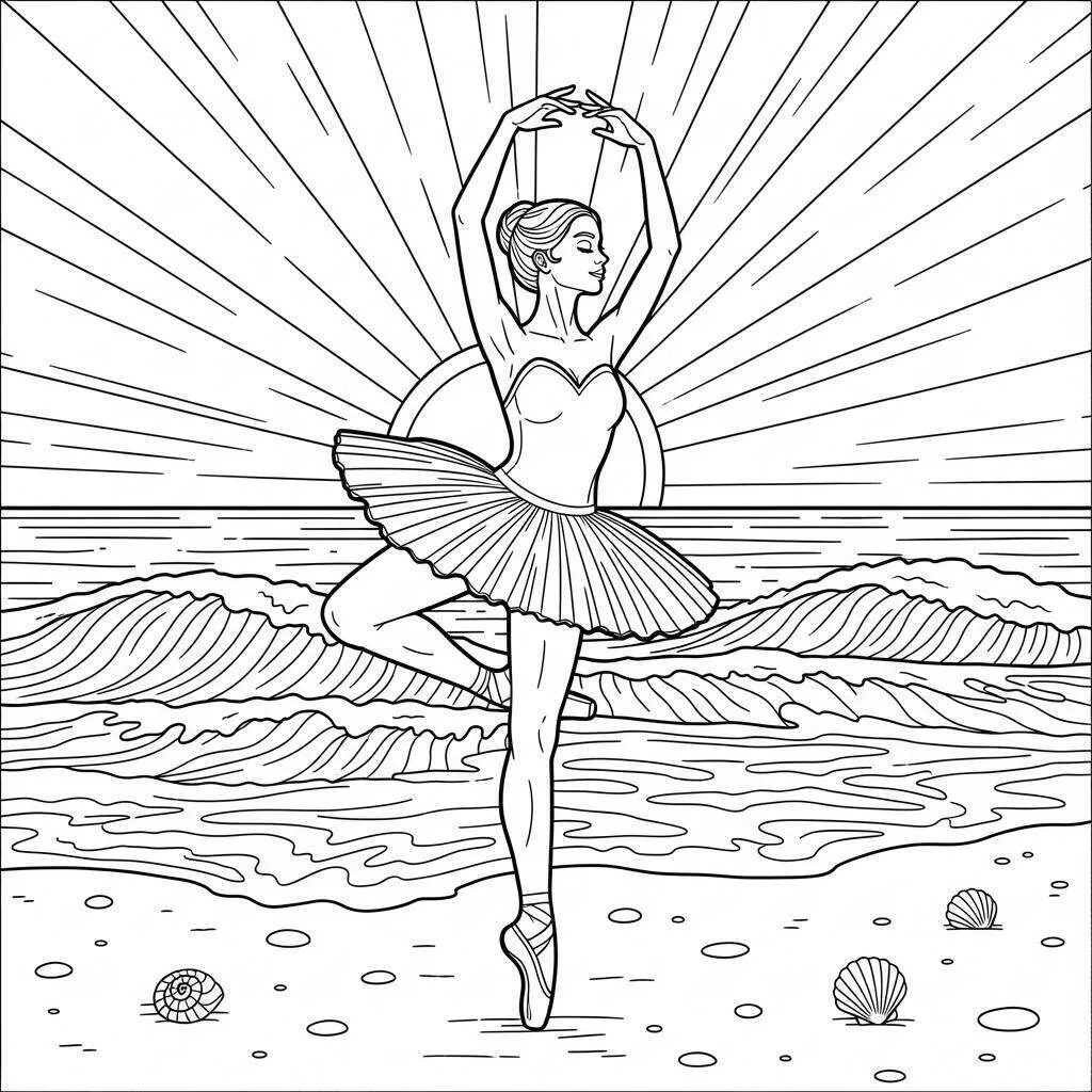 Dibujo de Bailarina en la playa con sol para colorear
