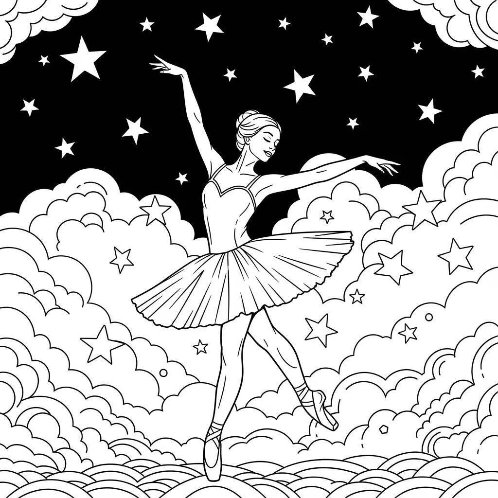 Desenho de Bailarina Dançando nas Nuvens para Colorir