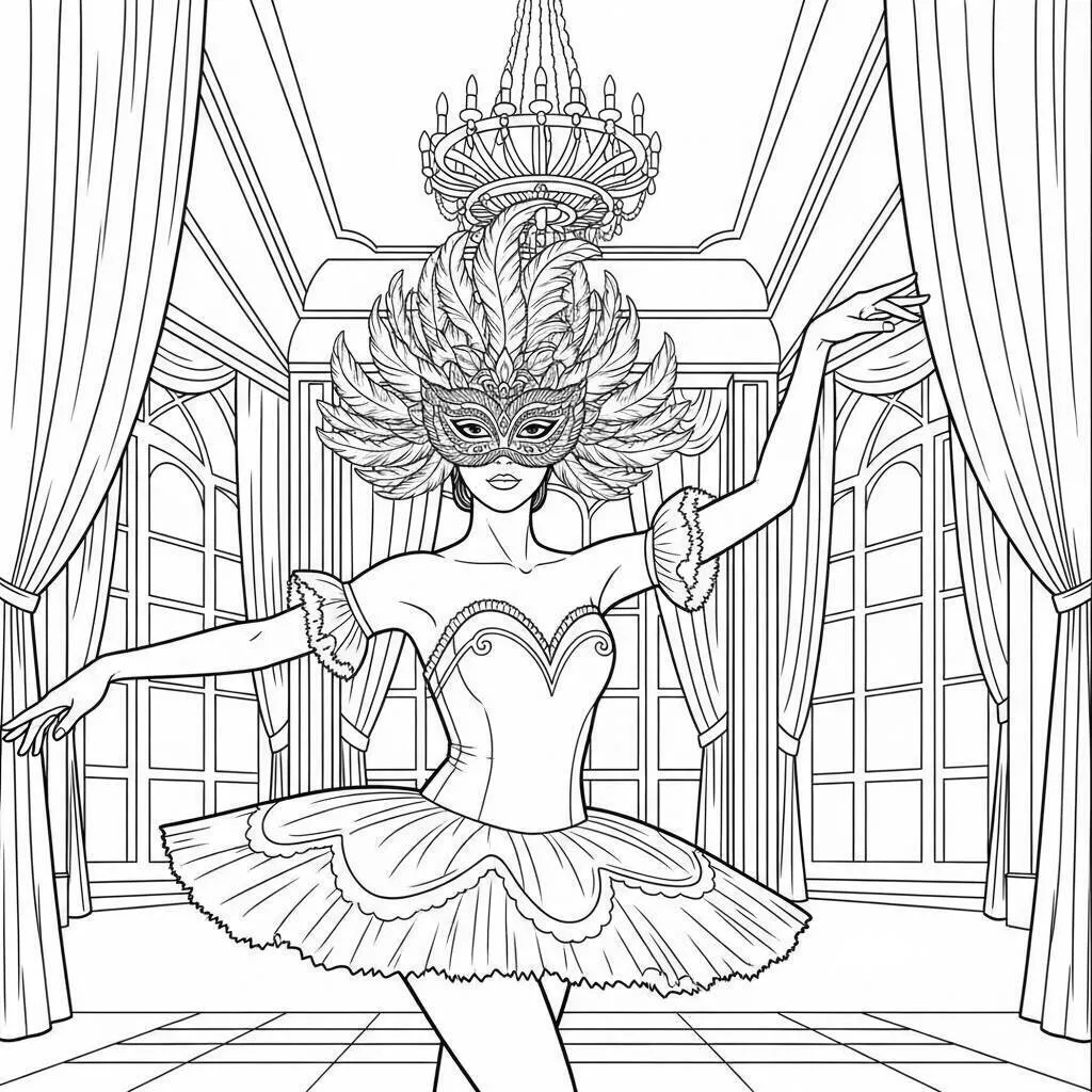 Desenho de Bailarina com Máscara e Fantasia para Colorir