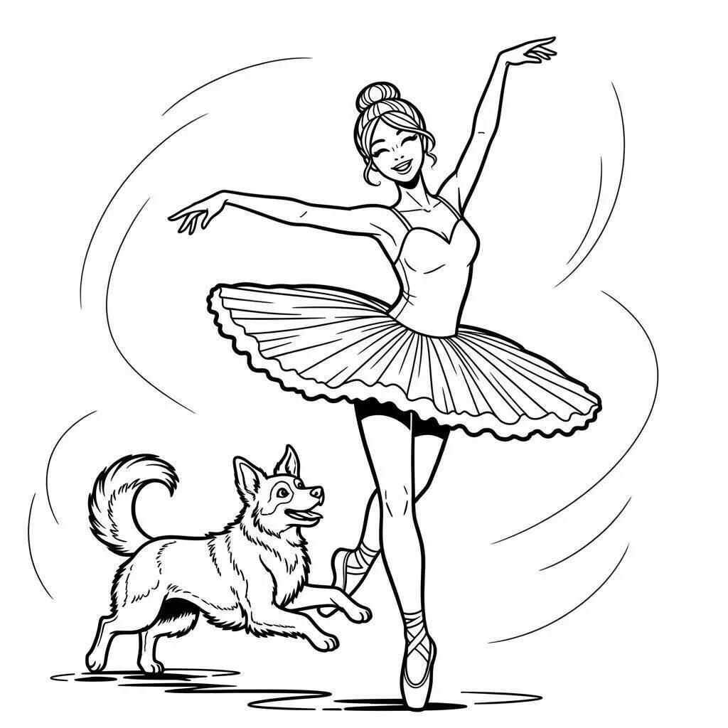 Desenho de Bailarina Dançando com seu Cachorro para Colorir