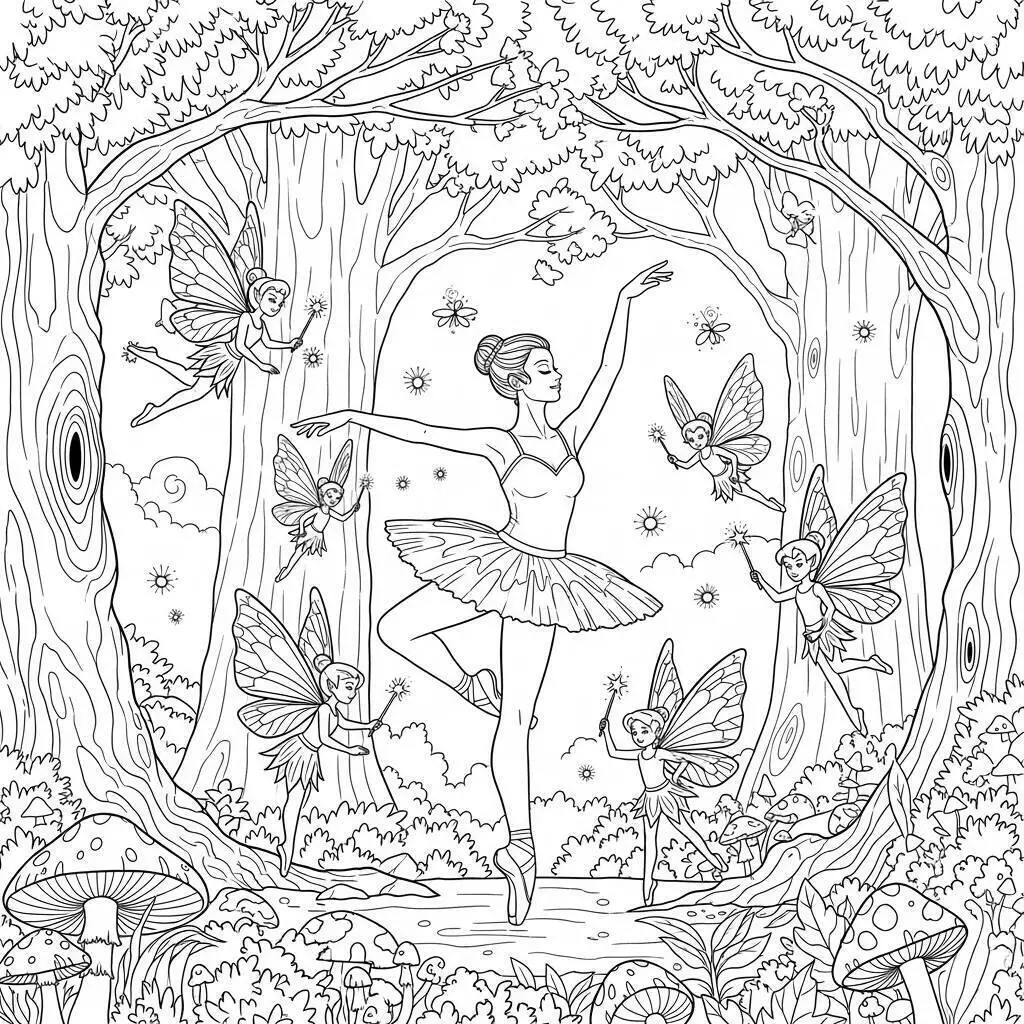 Desenho de Bailarina Dançando com Fadas para Colorir