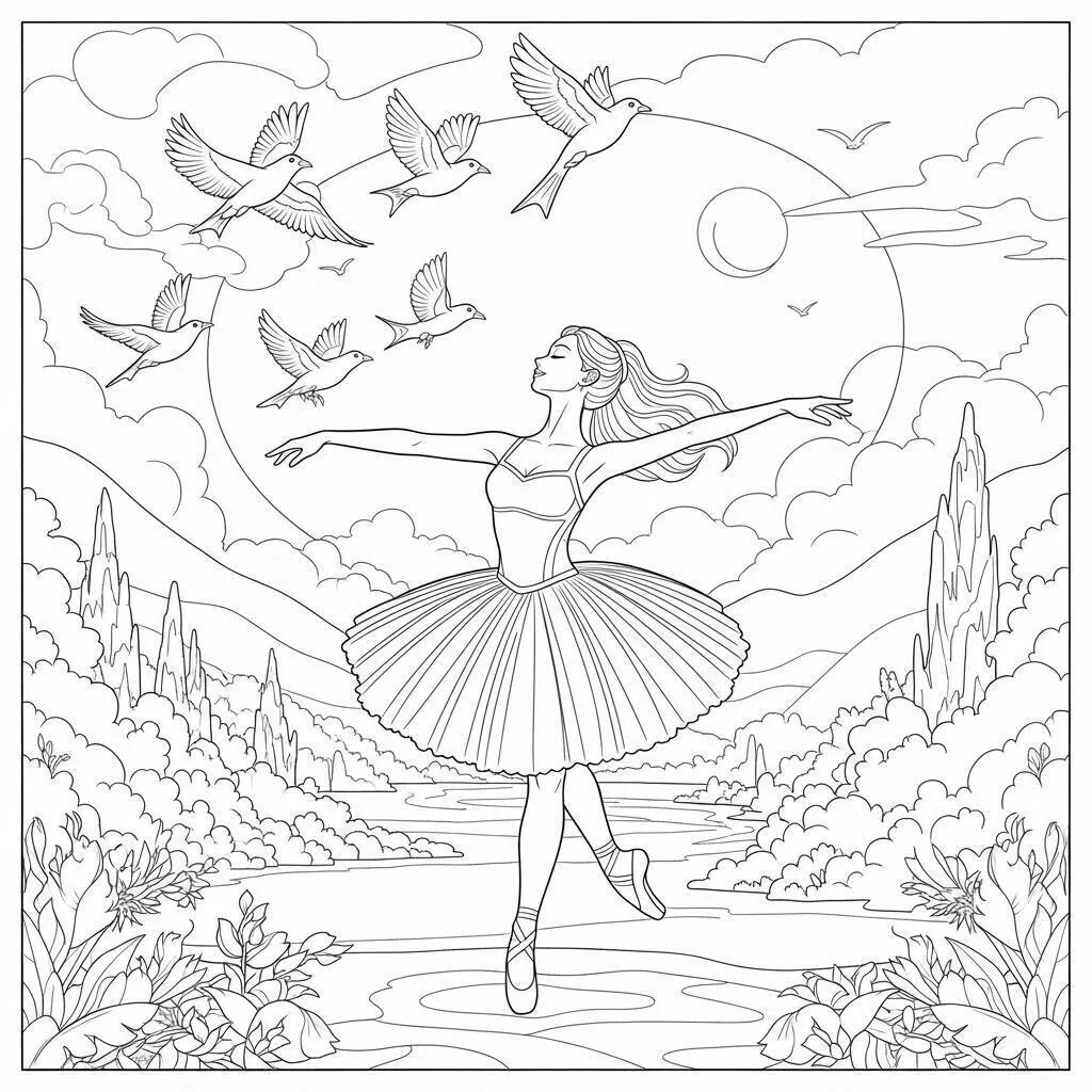 Desenho de Bailarina Dançando com Pássaros para Colorir