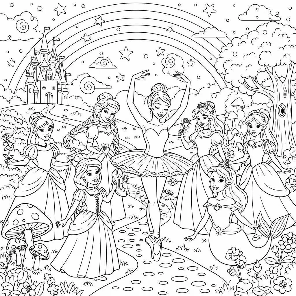 Desenho de Bailarina Dançando em um Mundo Encantado para Colorir