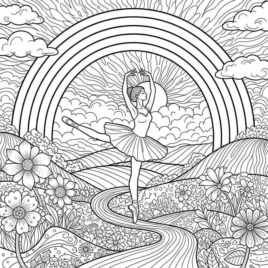 Desenho de Bailarina Dançando Sob um Arco Íris para Colorir