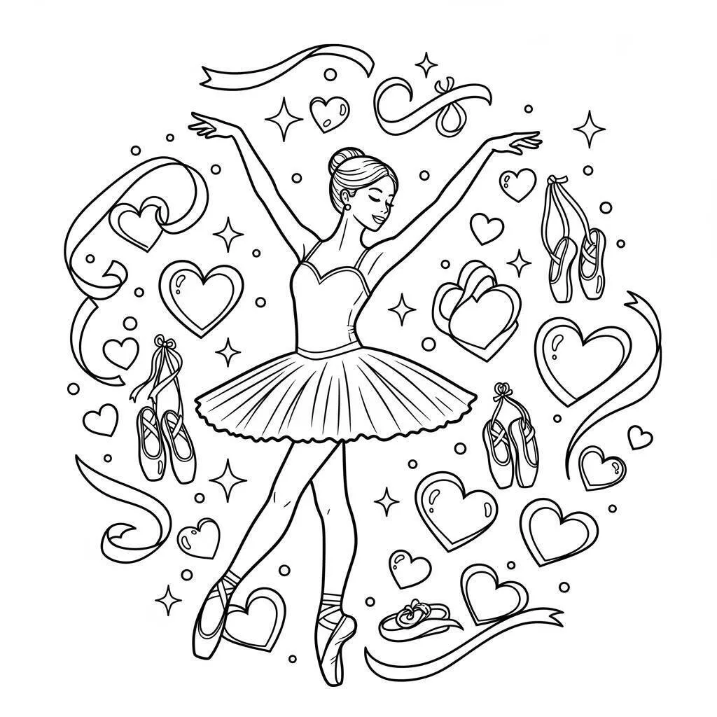 Desenho de Bailarina Dançando entre Corações para Colorir