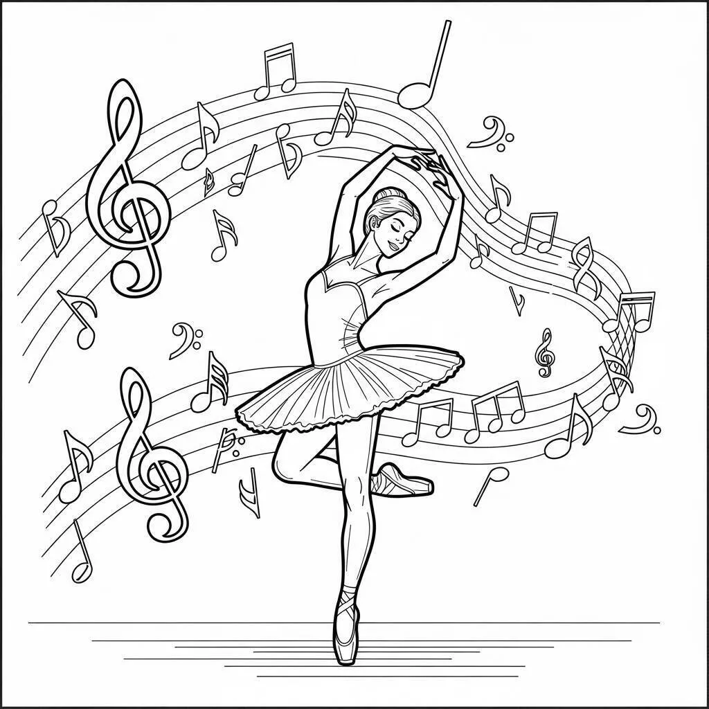 Desenho de Bailarina Dançando com Notas Musicais para Colorir