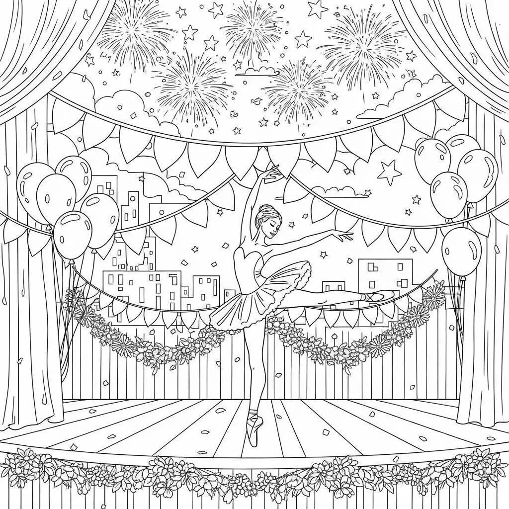 Desenho de Bailarina em Palco com Fogo de Artifício para Colorir