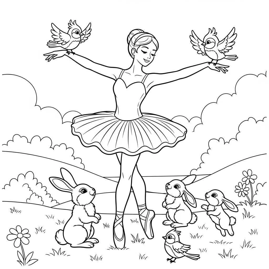 Desenho de Bailarina Dançando com Coelhos e Pássaros para Colorir