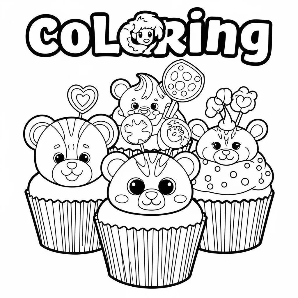 Dibujo para colorear de lindo cupcake con ositos de peluche