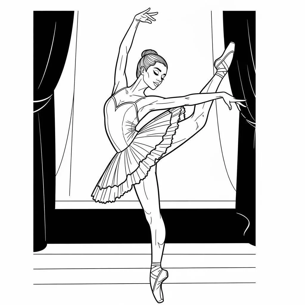 Desenho de Bailarina em Posição de Equilíbrio para Colorir