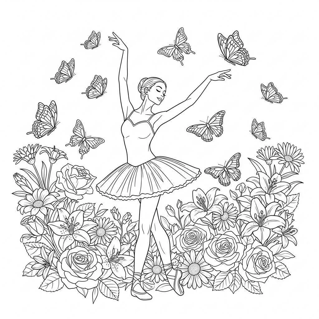 Desenho de Bailarina Dançando entre Borboletas e Flores para Colorir