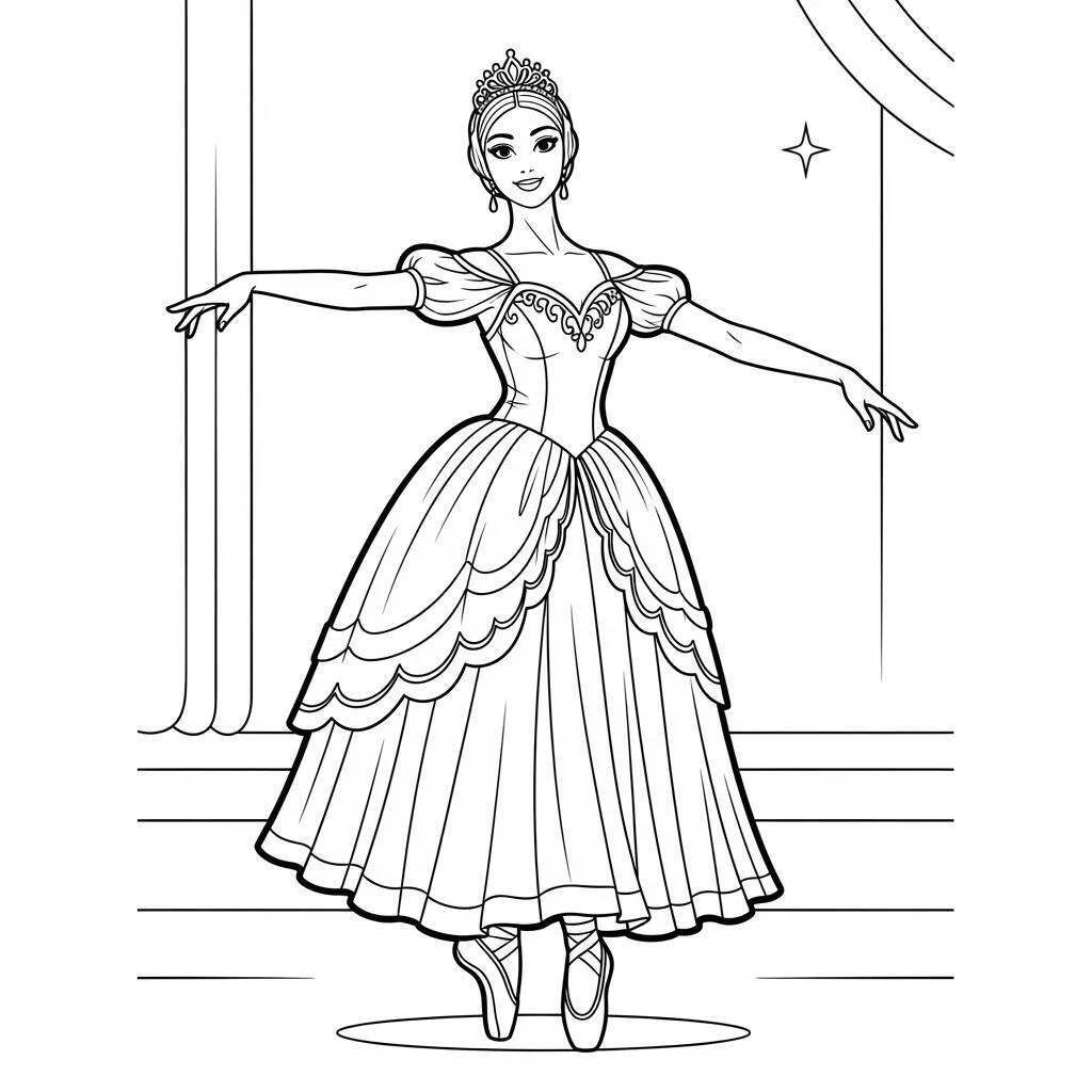 Desenho de Bailarina Elegante em Vestido de Gala para Colorir