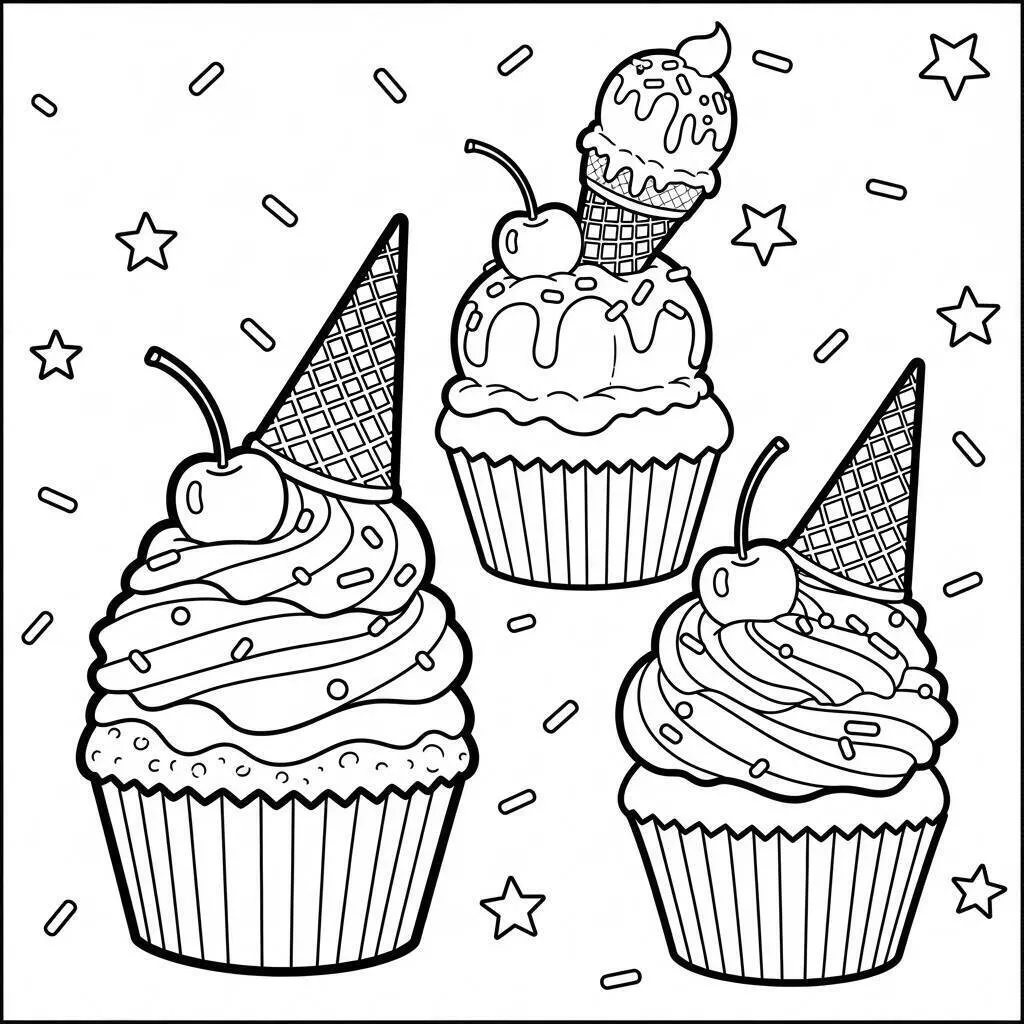 Desenho de Cupcakes com Sorvete e Cerejas para Colorir