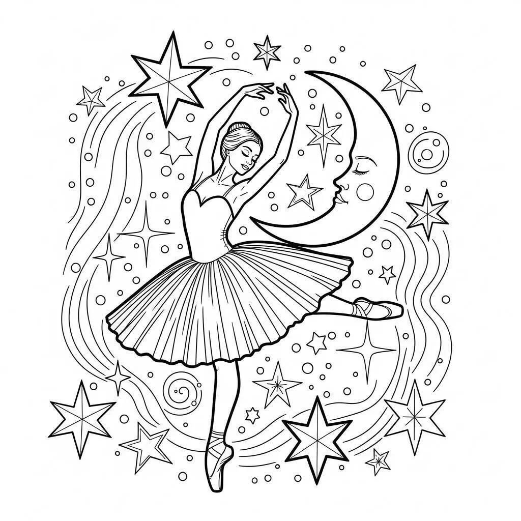 Desenho de Bailarina Dançando Sob a Lua e Estrelas para Colorir