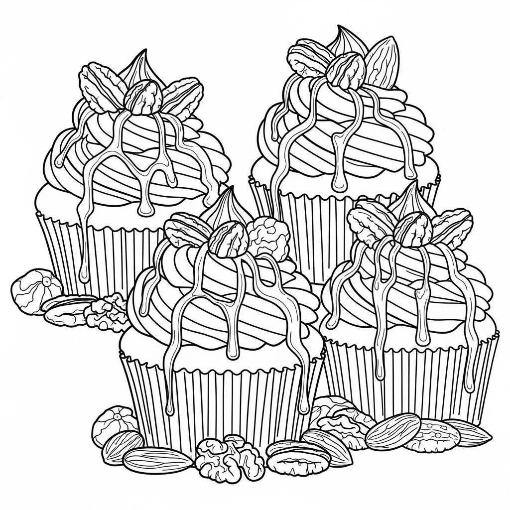 Desenho de Cupcakes Decorados com Nozes para Colorir
