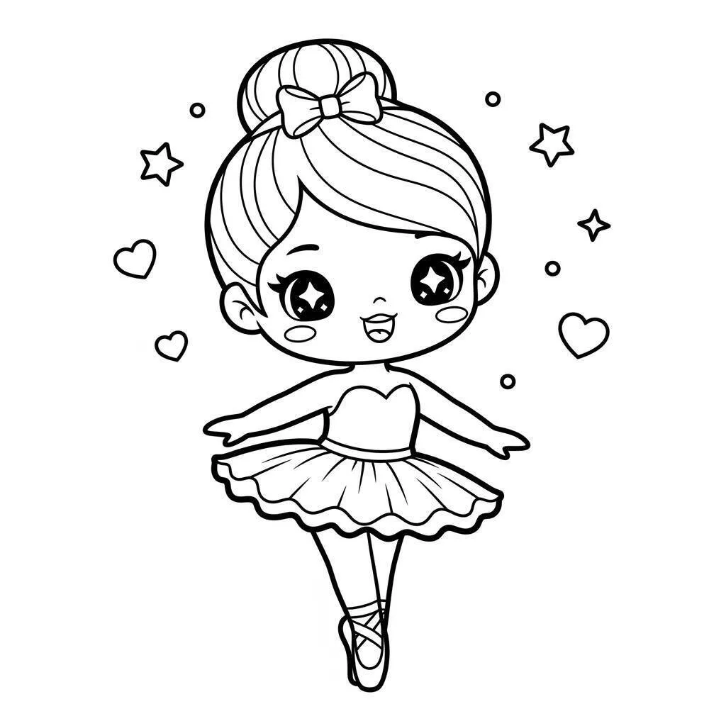 Desenho de Bailarina Kawaii com Estrelas e Corações para Colorir