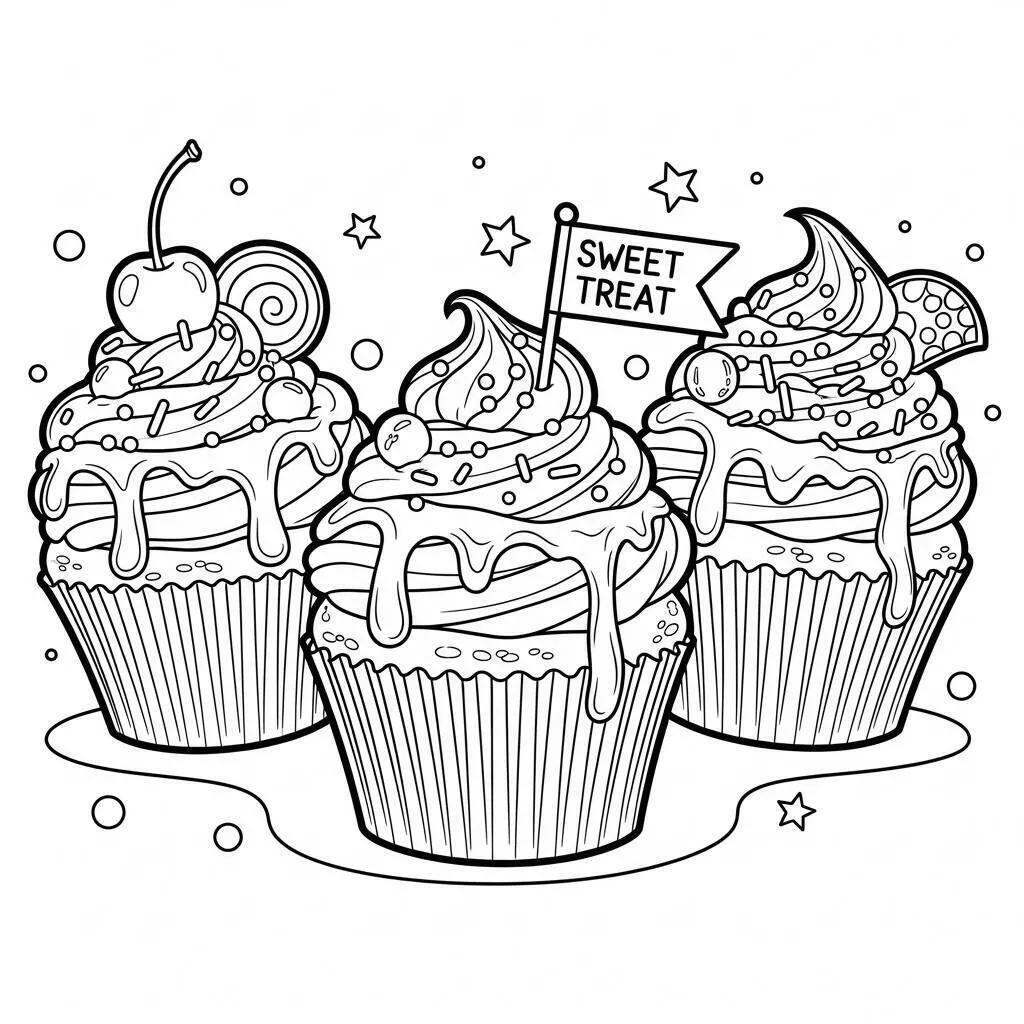Desenho de Cupcakes Decorados com Cobertura para Colorir