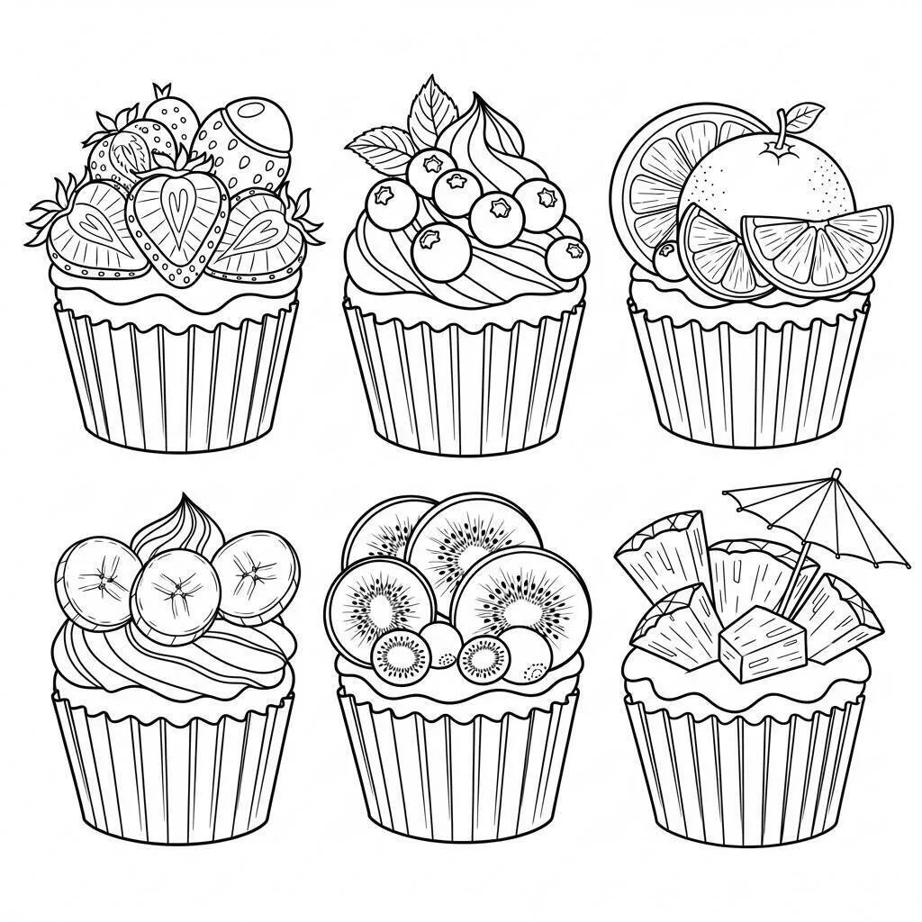 Desenho de Cupcakes Coloridos com Frutas para Colorir
