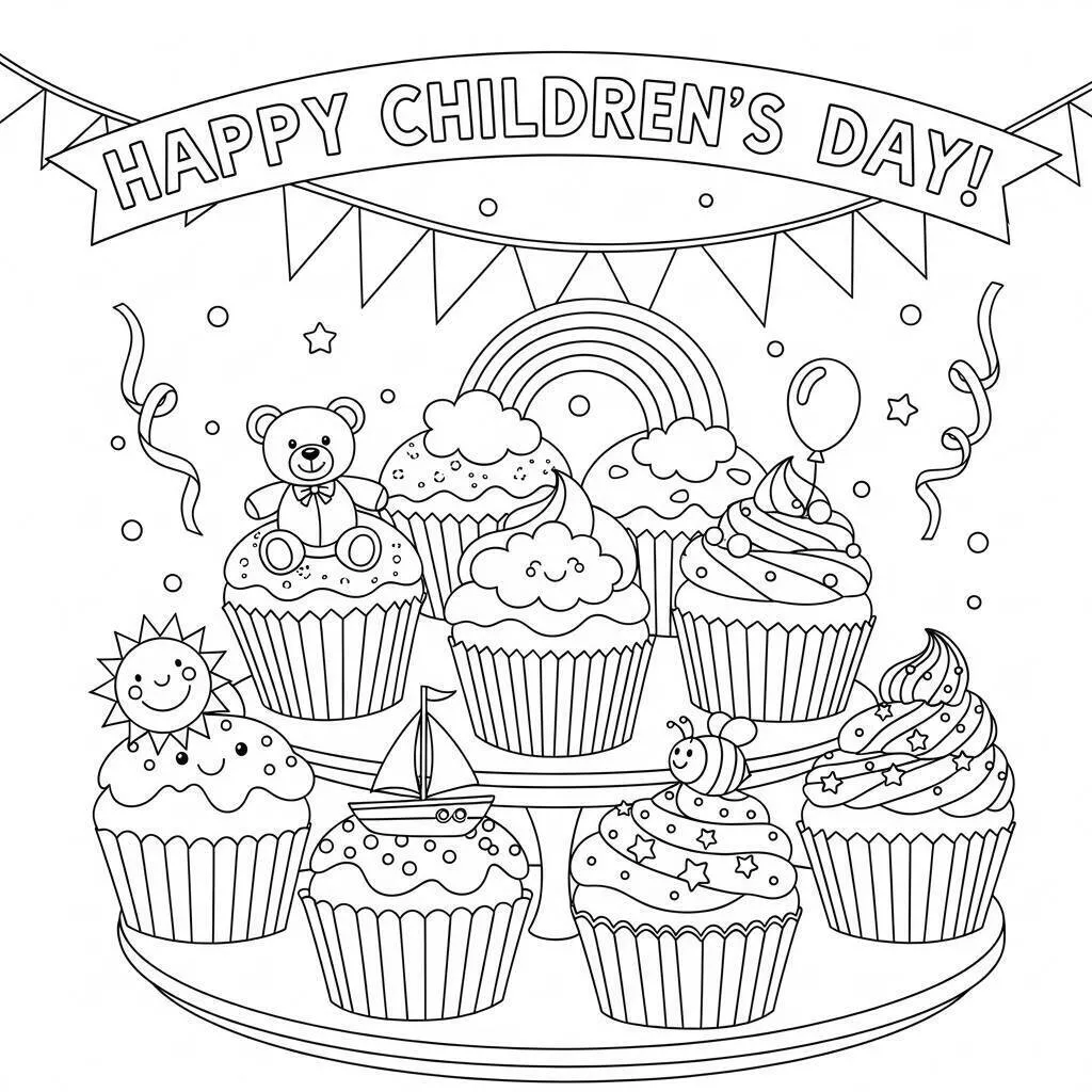 Desenho de Cupcakes para Colorir com Tema de Dia das Crianças